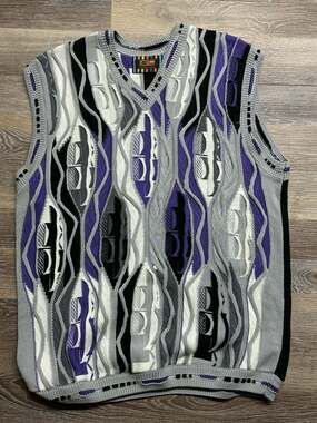 Steven Land Vintage 3D Coogi-Style Textured Knit Sweater Vest Purple Grey XL